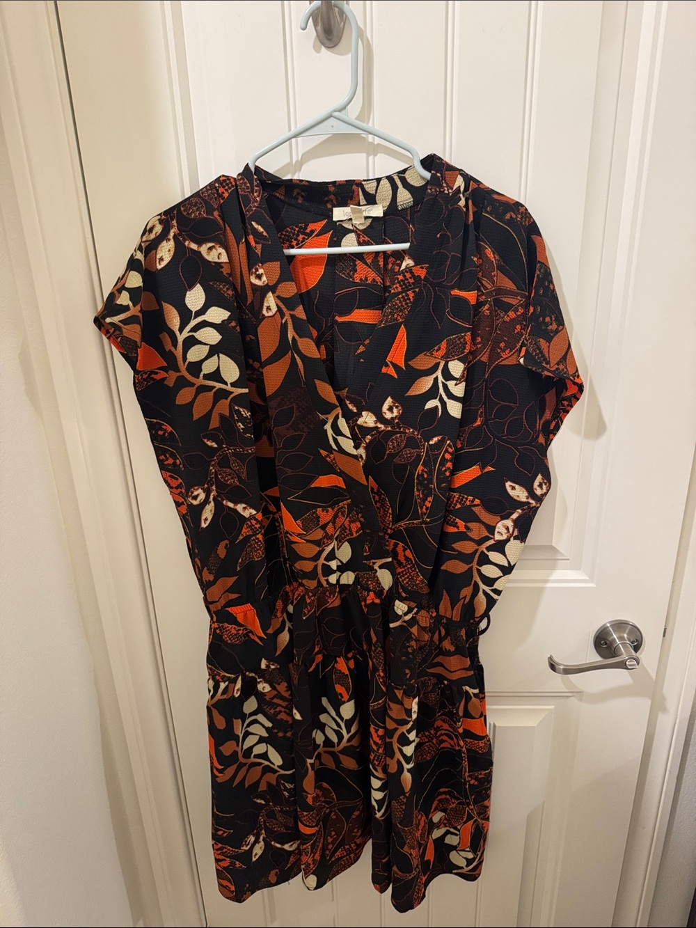 loralette Black, Orange & Cream Leaf-Print V-Neck Mini Dress